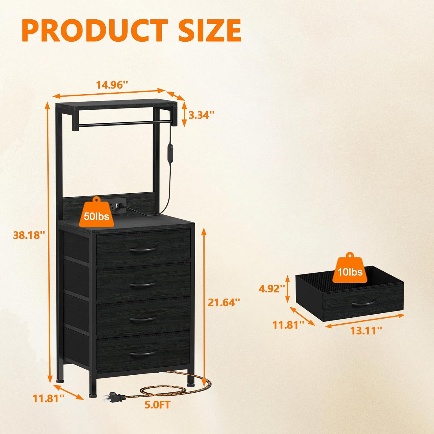 Furnulem Tall Nightstand with Charging Station, Night Stands with LED Lights and Storage Shelves, Bed Side Table for Bedroom, Hallway, Office, 4 Fabric Drawers (Black Oak) - Image 3