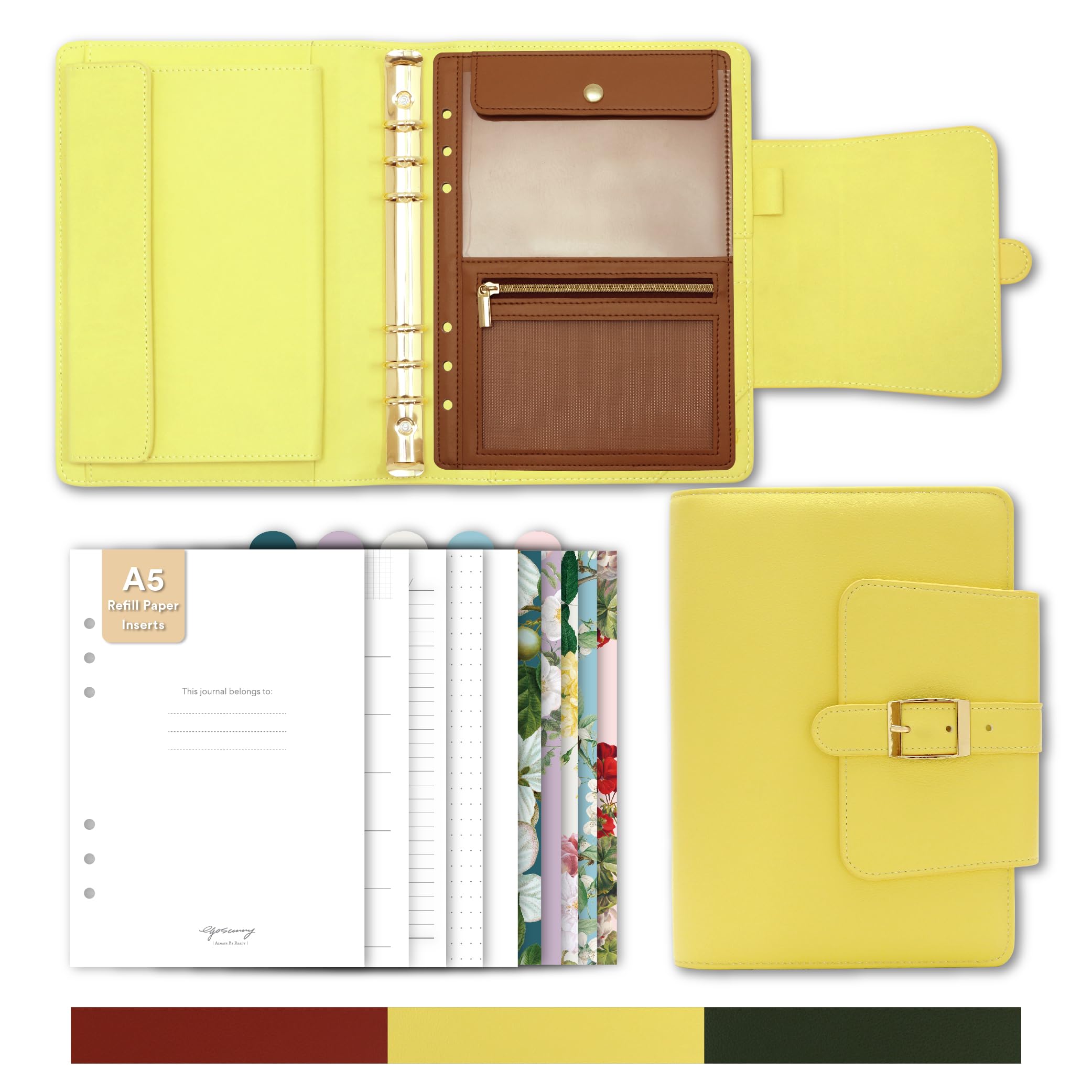 EGOSUNNY A5 Undated Leather Organiser Planner – 14.7 x 21.1 cm, Refillable 6-Ring Binder with 80 Sheets, Dividers, Ballpoint Pen - Elegant Professional Work Organiser (Vibrant Yellow)