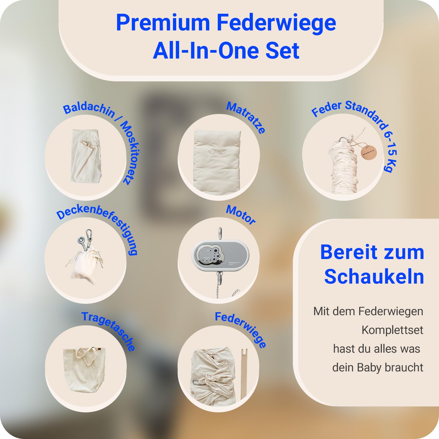 Federwiege Baby inkl. Feder - Baby-Wiege aus Bio-Baumwolle - Baby-Hängematte mit Deckenaufhängung bis max 15kg - Baby-Hängewiege mit Matratze, Baldachin und Federwiege-Motor