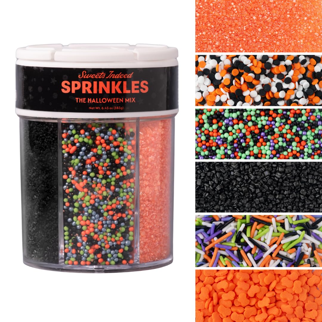 Sweets Indeed Halloween Sprinkles, Edible Sprinkle Mix, Pumpkin, Jimmies, Perfect for Cake Decorations, Baking, Ice Cream, Cookies, Cupcake Topper, 6.45 ounces (Halloween 6 Cell) (Halloween)