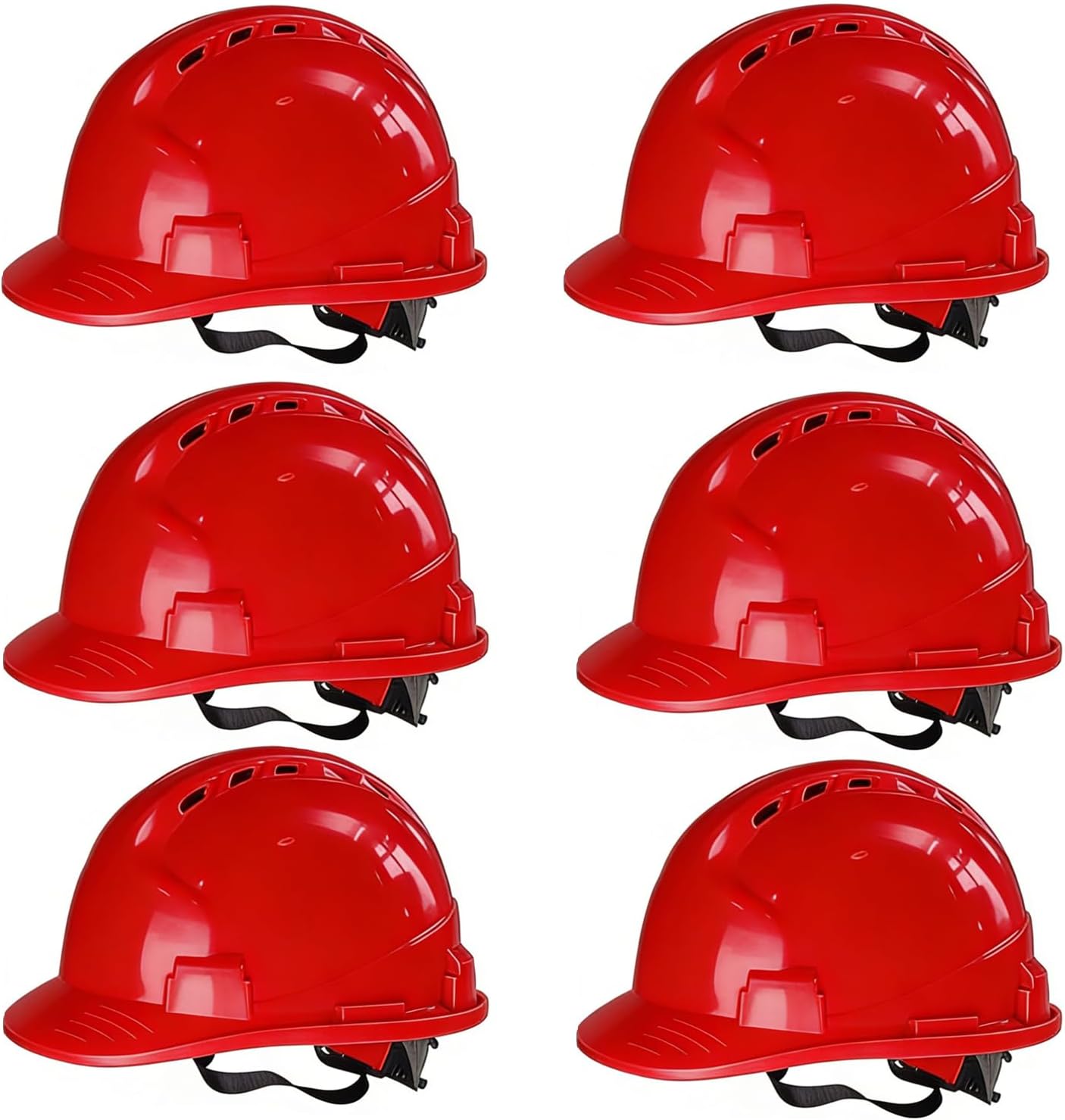 6 Pack 4 Pt. Suspension Hard Hat Bulk Safety Helmets Adjustable Ratchet Hard Hats, Vents & Sweat Cotton Brow Pad - ABS Construction Safety Helmets for Work Sites & Outdoor Labor Red