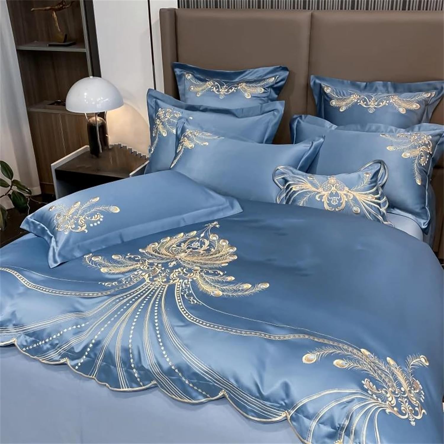 Size Golden Phoenix Feather Embroidery Bedding Set Luxury Blue Satin Cotton 4 Piece Duvet Cover Fitted Bed Sheet and Pillowcase(A,Fitted Sheet 1.5mBed)