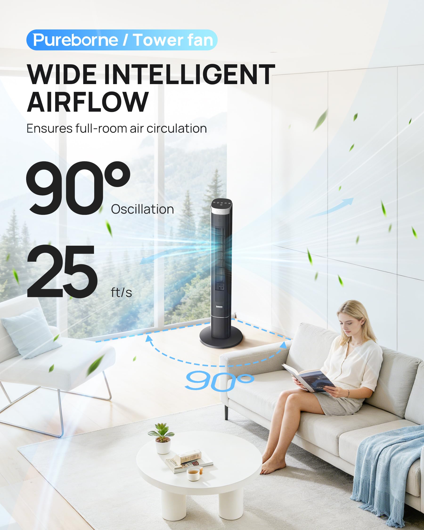 Leiser Ventilator, 25dB Smart Turmventilator, 90° Oszillation Tower Fan, 4 Stufen, 12H Timer Turmventilatoren für Schlafzimmer, 109cm, Schwarz, 1 Pack+ 4 Modi