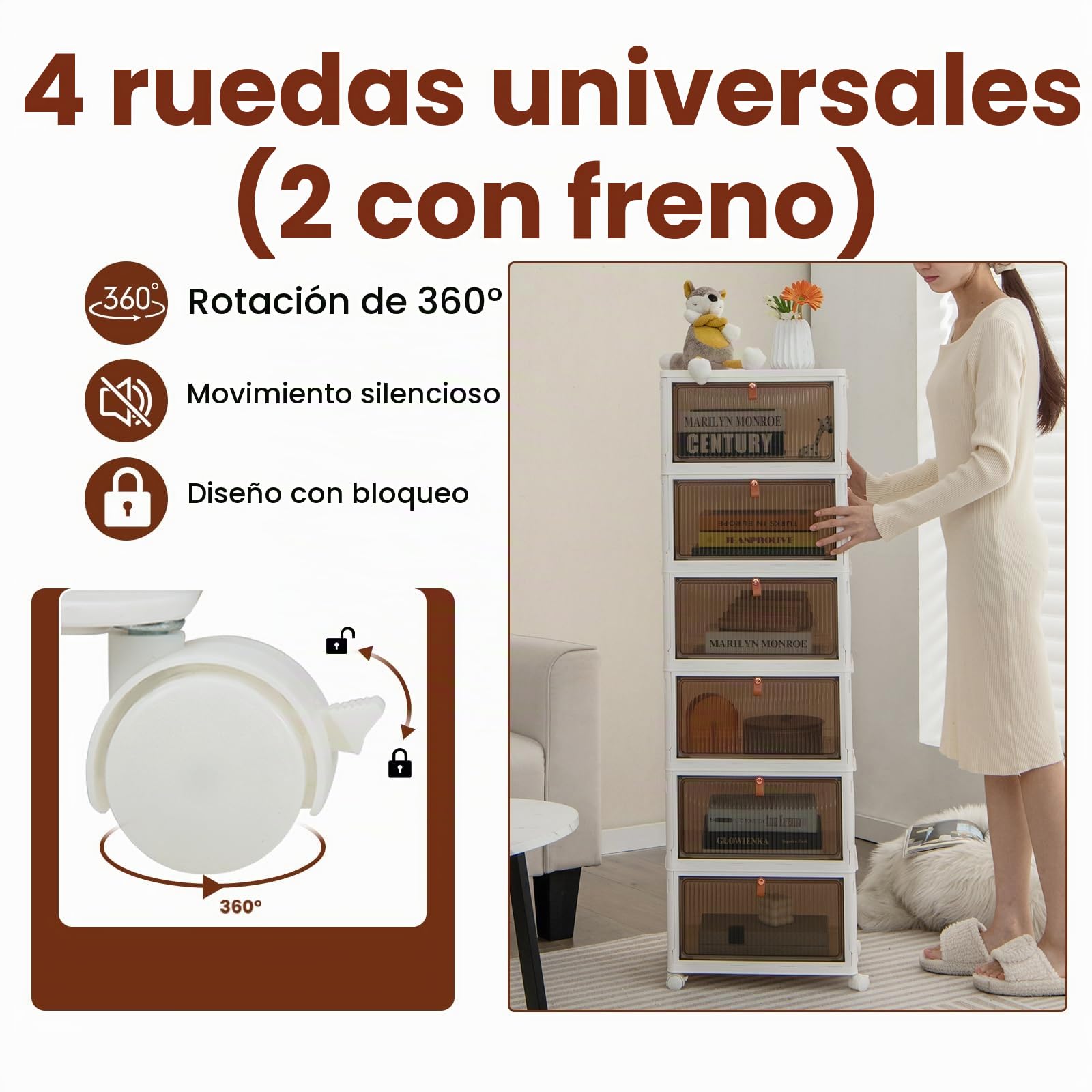 KOMFOTTEU Caja de Almacenamiento de 6 Niveles, Contenedor Apilable con Tapas y Ruedas, Caja Organizadora Transparentes, Caja Plegable para Dormitorio, Sala de Estar, 40 x 27,5 x 123 cm (6 Niveles)