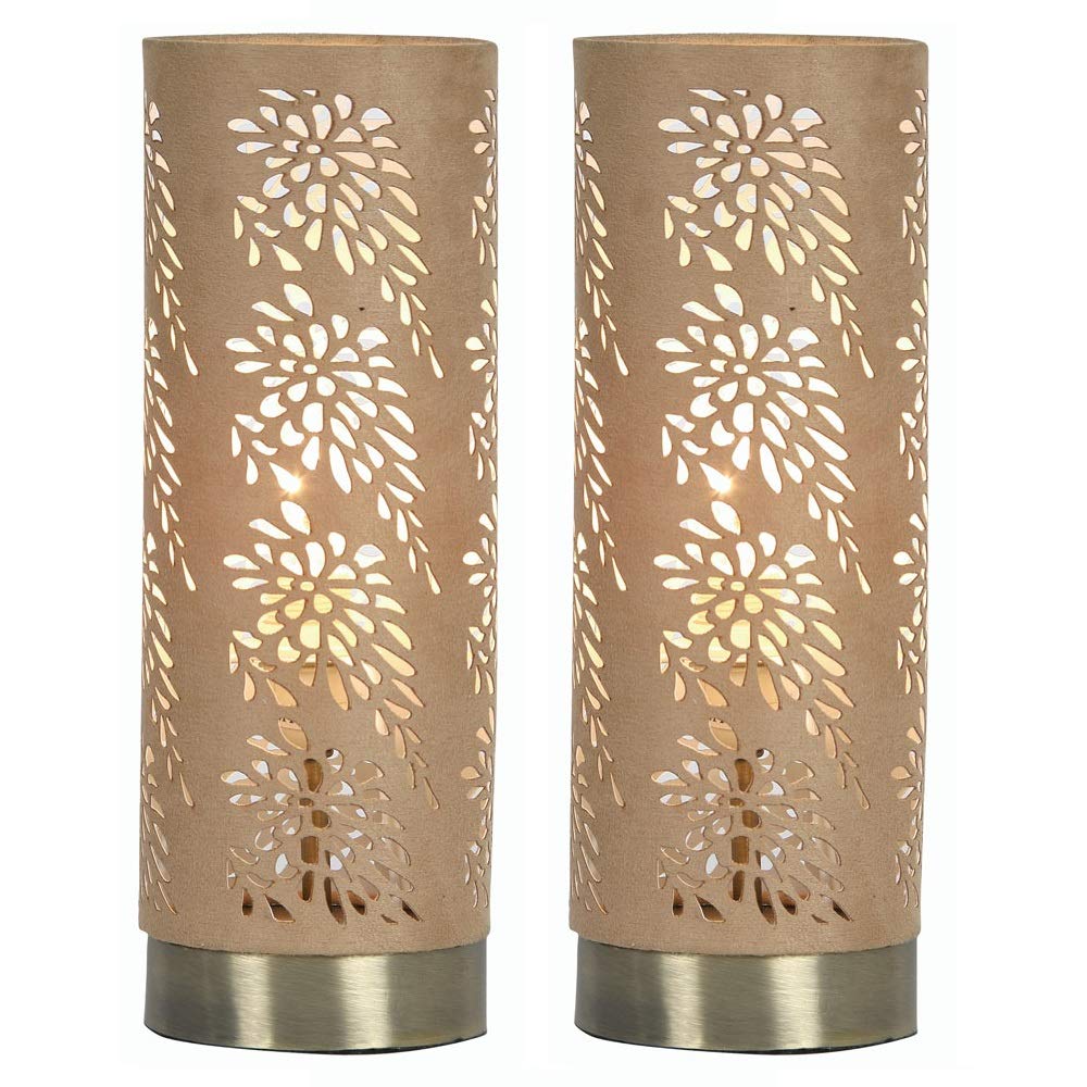2 Pack - Antique Brass & Beige Suede Floral Etched Cylinder Shade Touch Table Desk Lamp | 1 x E14 SES Dimmable Lamp Bulb Required (Not Included) | 3 Position & Off Touch Control