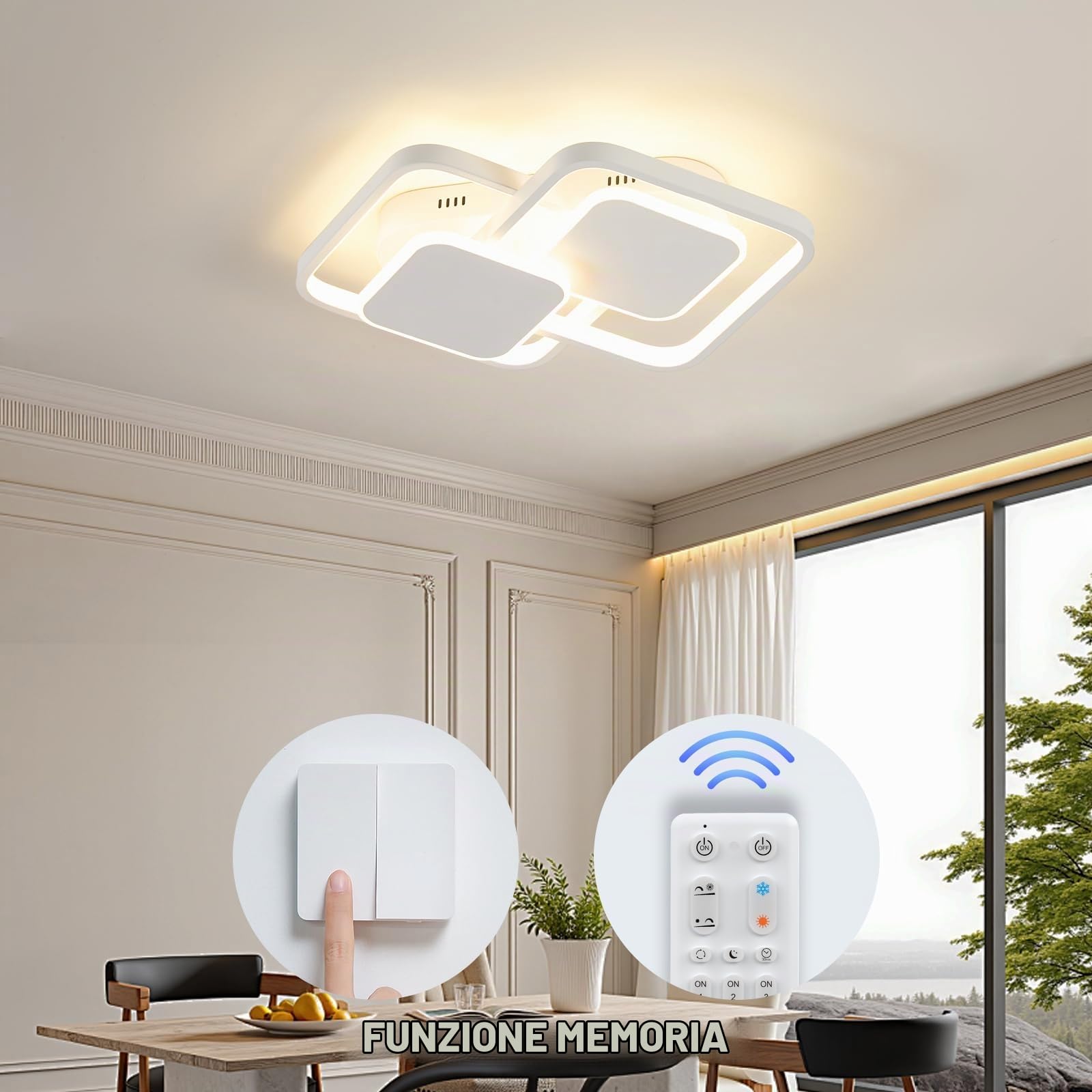 ANTENLICHT LED Plafoniere Soggiorno 32W 3300LM con telecomando, 3000-6500K Variabile in continuo, Plafoniere con funzione memoria, Metallo, Per camera da letto Sala da pranzo Corridoio