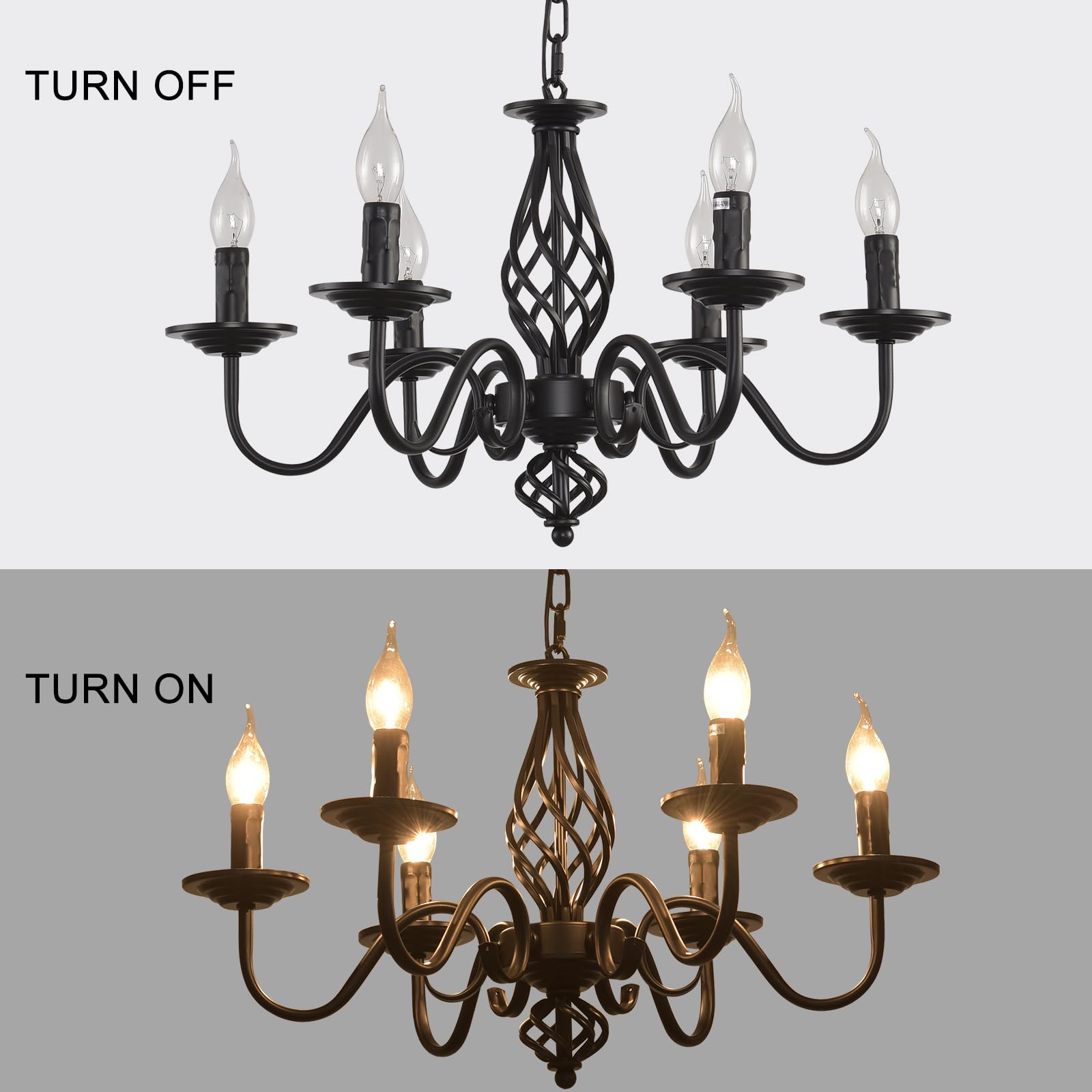Lámpara de araña tradicional country, candelabro de hierro forjado ajustable en altura vintage negro, lámpara de techo de 6 luces lámpara colgante clásica para cocina, comedor, sala de estar