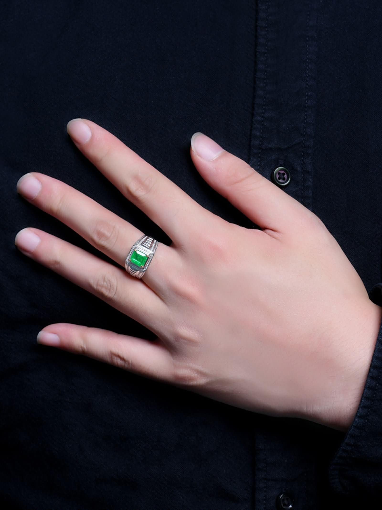 Pierścionki Fedina 9Kt / 14Kt / 18 Kt Białe Złoto Mężczyźni, 4 szczęki 1,5 ct Szmaragd Kwadratowy Diament, Pierścionek Ślubny Męski Zielony Srebrny
