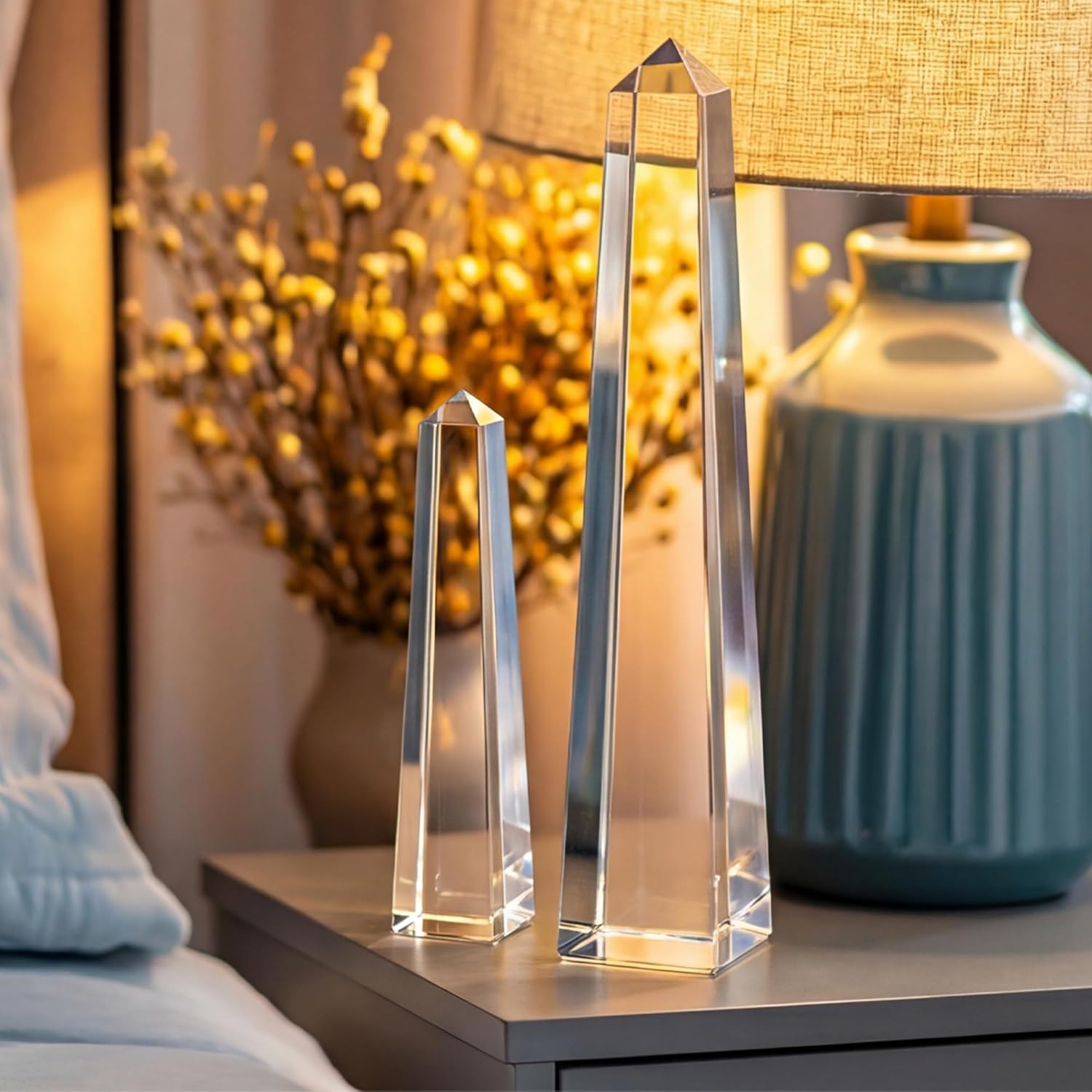 Novabright Crystal Obelisk Towers - 2 Pcs 9.25 Inch & 6.18 Inch Optical Crystal Decoration Set, Ideal for Farmhouse, Modern, and Home Decor for Mantel, Vanity, Side Table, Shelf, and Office Styling