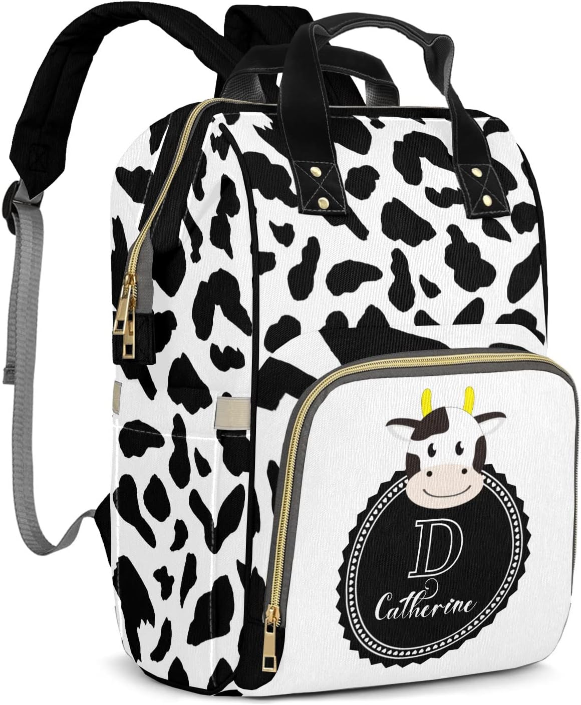 zaaprintblanket Personalized Black Cow Pattern Print Waterproof Diaper Bag for Women Mommy Girl Gift