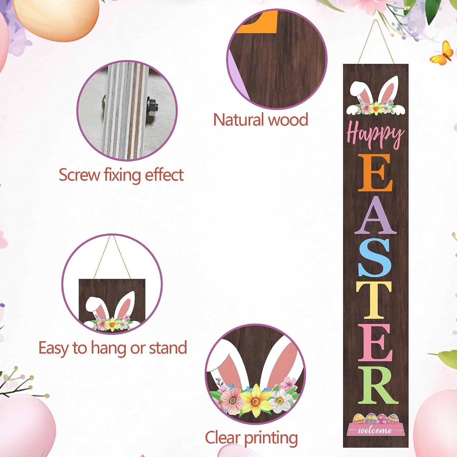 Happy Easter Porch Sign 7.8x47.2 Inch, Large Wooden Easter Bunny Porch Decor, Vertical Welcome Door Sign, Indoor Outdoor Front Porch Decorations image 3