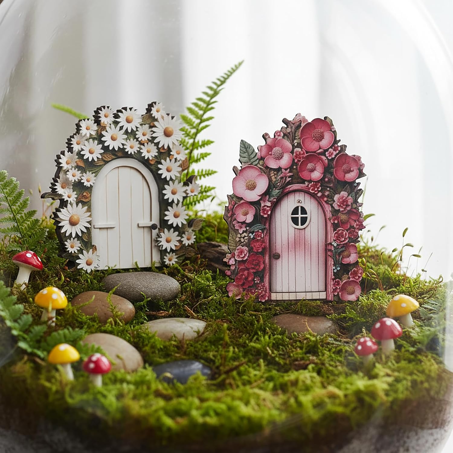 2Pcs Fairy Door Wooden Miniature Doors, White & Pink, 3.94 in.