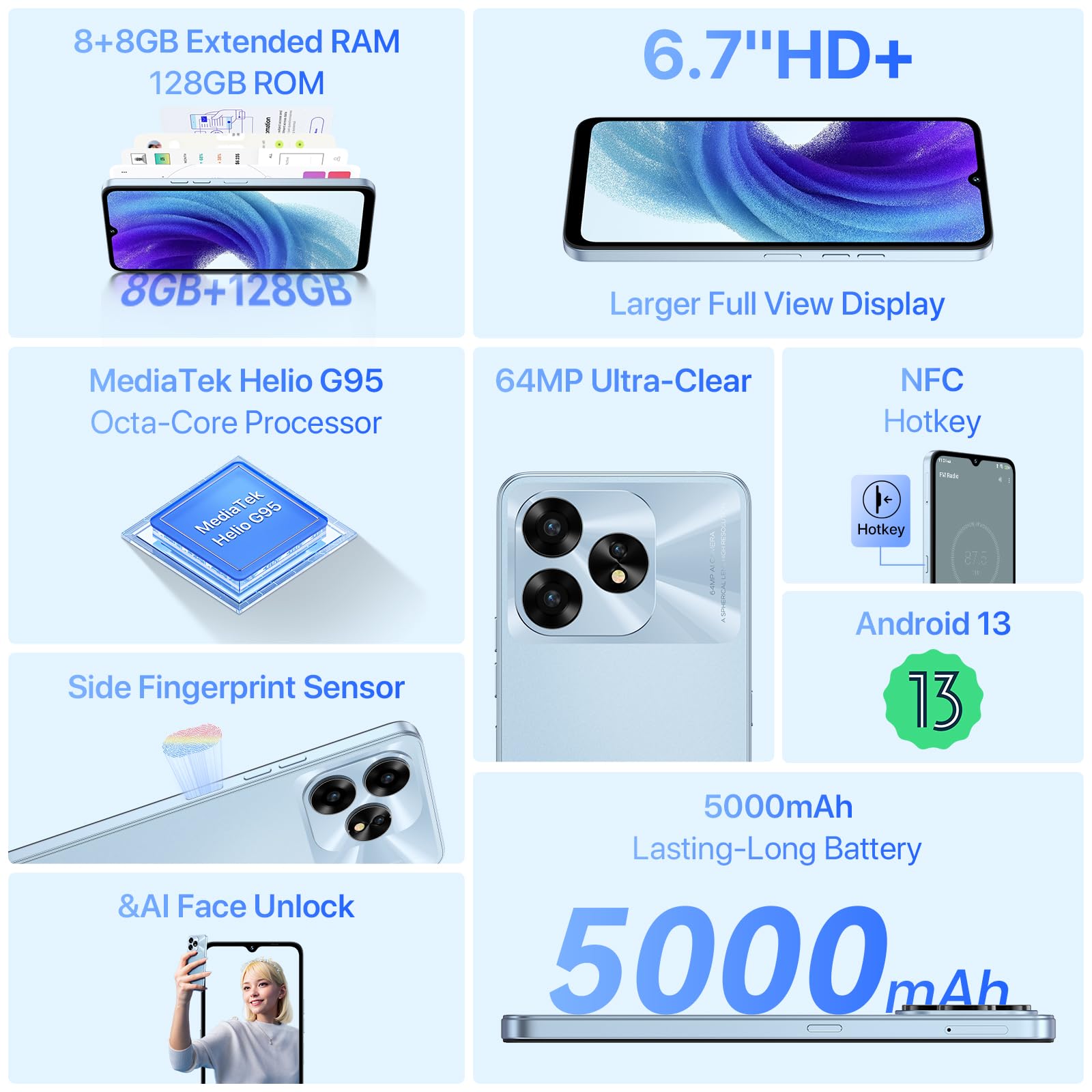 UMIDIGI A15T Cell Phones, 16(8+8)+128GB/TF 1TB, 64MP+16MP Camera