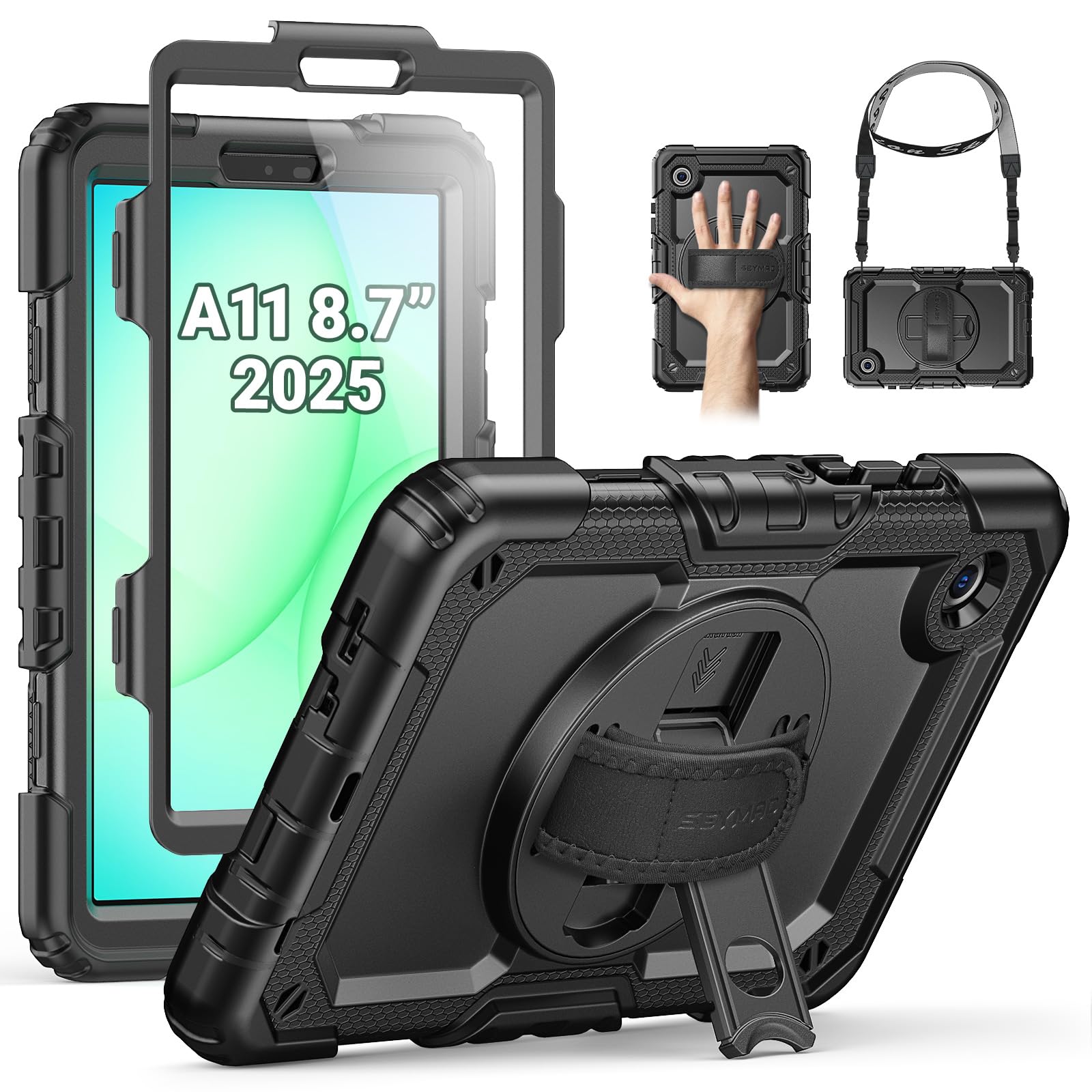 SEYMAC Coque pour Samsung Galaxy Tab A11/A9 8.7 Pouces 2025/2023,Coque Antichoc pour Galaxy A11 avec Protecteur D'écran,Support Rotatif à 360°/Dragonne,Bandoulière,avec Porte-Stylo,Noir