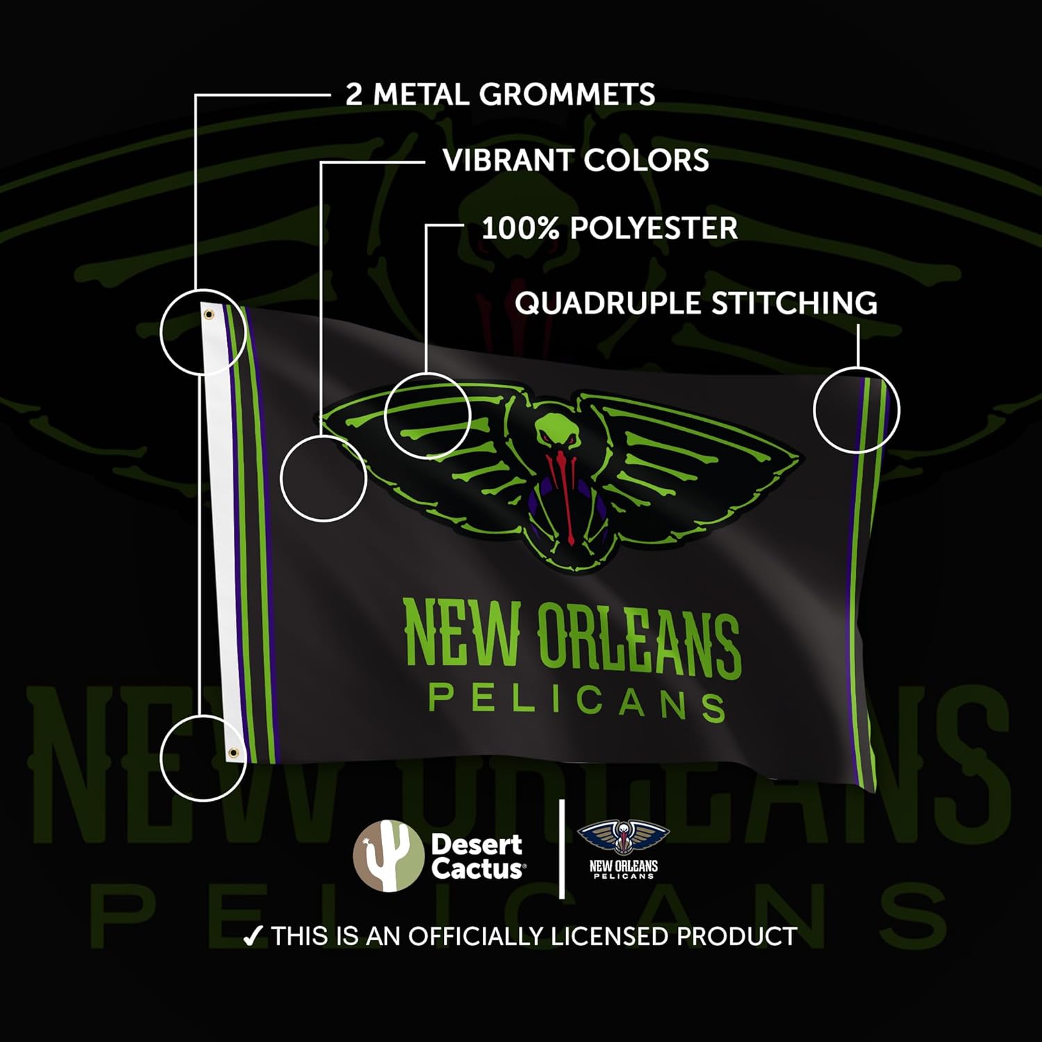 Desert Cactus New Orleans Pelicans Flag NBA 100% Polyester Indoor Outdoor NOLA 3x5 feet National Basketball Association Team Flags (Flag City Edition 2023 B)