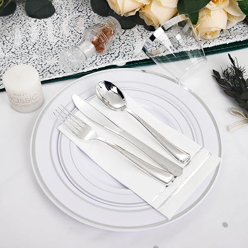 Miniatura 7 de Gather 176 platos de plata  Platos desechables de plástico plateado incluye 50 platos, 75 cubiertos, 25 servilletas, 25 vasos con borde plateado y 1