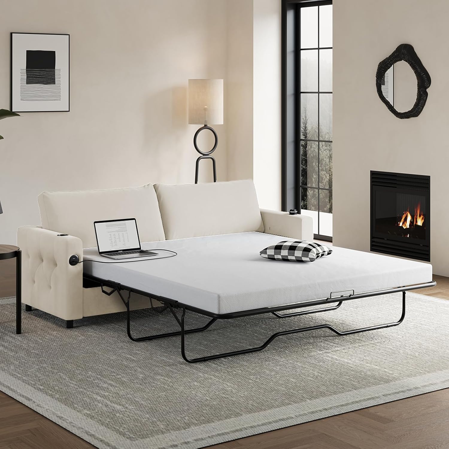 2 in 1 Sofa Bed, Queen Size Pull Out Couch, Convertible Loveseat Sleeper Sofa with 2 Cup Holders, USB, Folding Foam Mattress for Living Room, Bedroom, Apartment-Beige