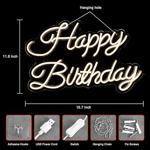 Miniatura 2 de Letrero de neón de feliz cumpleaños, letrero de neón para decoración de pared, letreros de luz LED de neón alimentados por USB, letrero iluminado