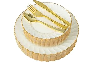 100-Piece Ivory Scalloped Plastic Plates with Gold Detailing