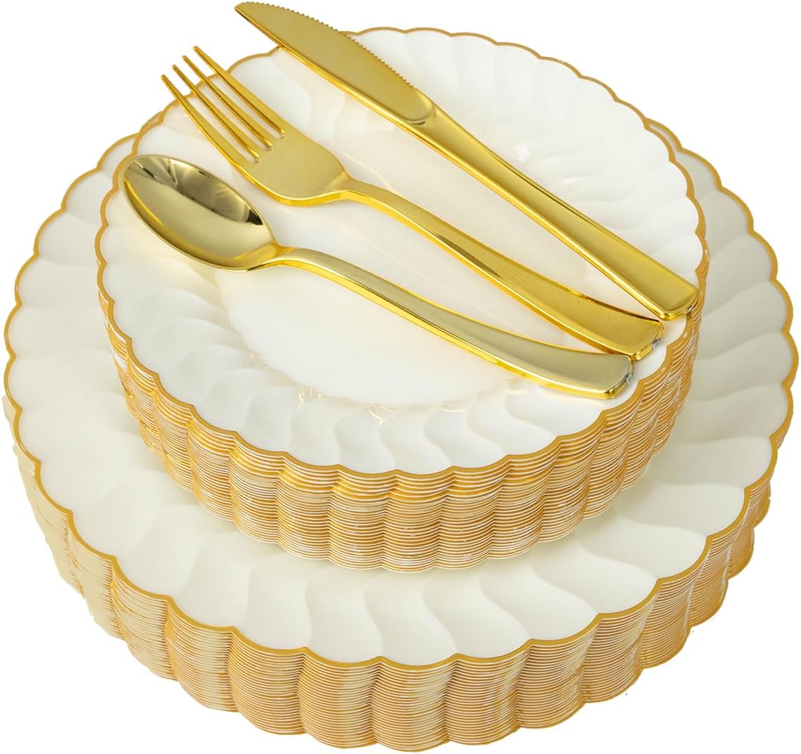 150pcs ivory scalloped plastic plates set with gold rim,fancy disposable dinnerware sets include 60 plastic dessert plates,30forks, 30knives, 30spoons perfect for wedding & easter & mother's day
