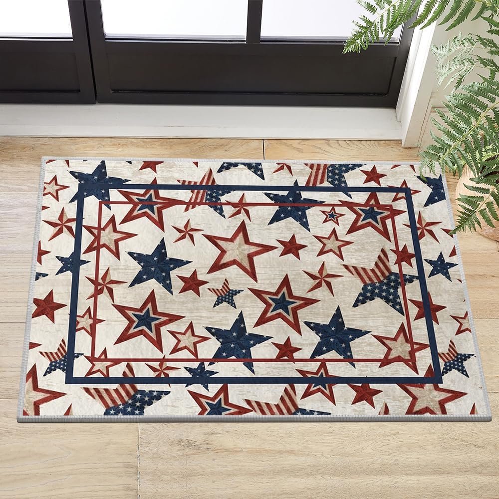 Artoid Mode America Stars Memorial Day Door Mat, 4th of July Patriotic Home Decor Low-Profile Non-Slip Washable Area Rug for Entryway Bedroom Bathroom Laundry Room Indoor 2x3 Feet