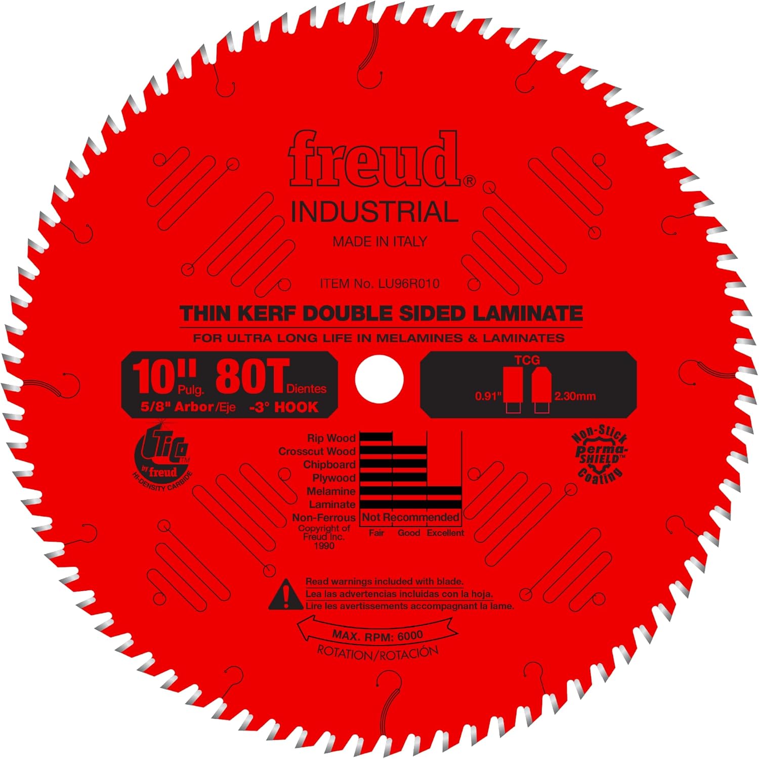 Freud LU96R010: 10" x 80T Thin Kerf Double Sided Laminate/Melamine