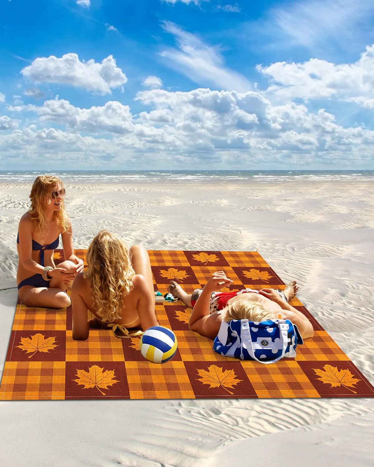 Autumn Farm Thanksgiving Leaves Buffalo Beach Blanket Waterproof Sandproof Outdoor Picnic Mat 95"x80" Autumn Orange Plaid Lightweight Large Beaach Blankets with 4 Stake & 4 Corner Pockets