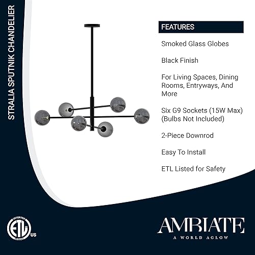 Miniatura 3 de Stralia Lámpara de araña, acabado negro, pantallas de globo de vidrio ahumado, diseño Sputnik, altura ajustable, seis enchufes G9 (15 W máximo),
