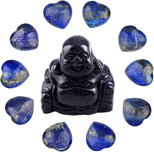 Rockcloud Corazones de cristal curativo de 0.5 pulgadas y piedras de preocupación talladas con Buda feliz, juego de equilibrio de chakras y reiki,