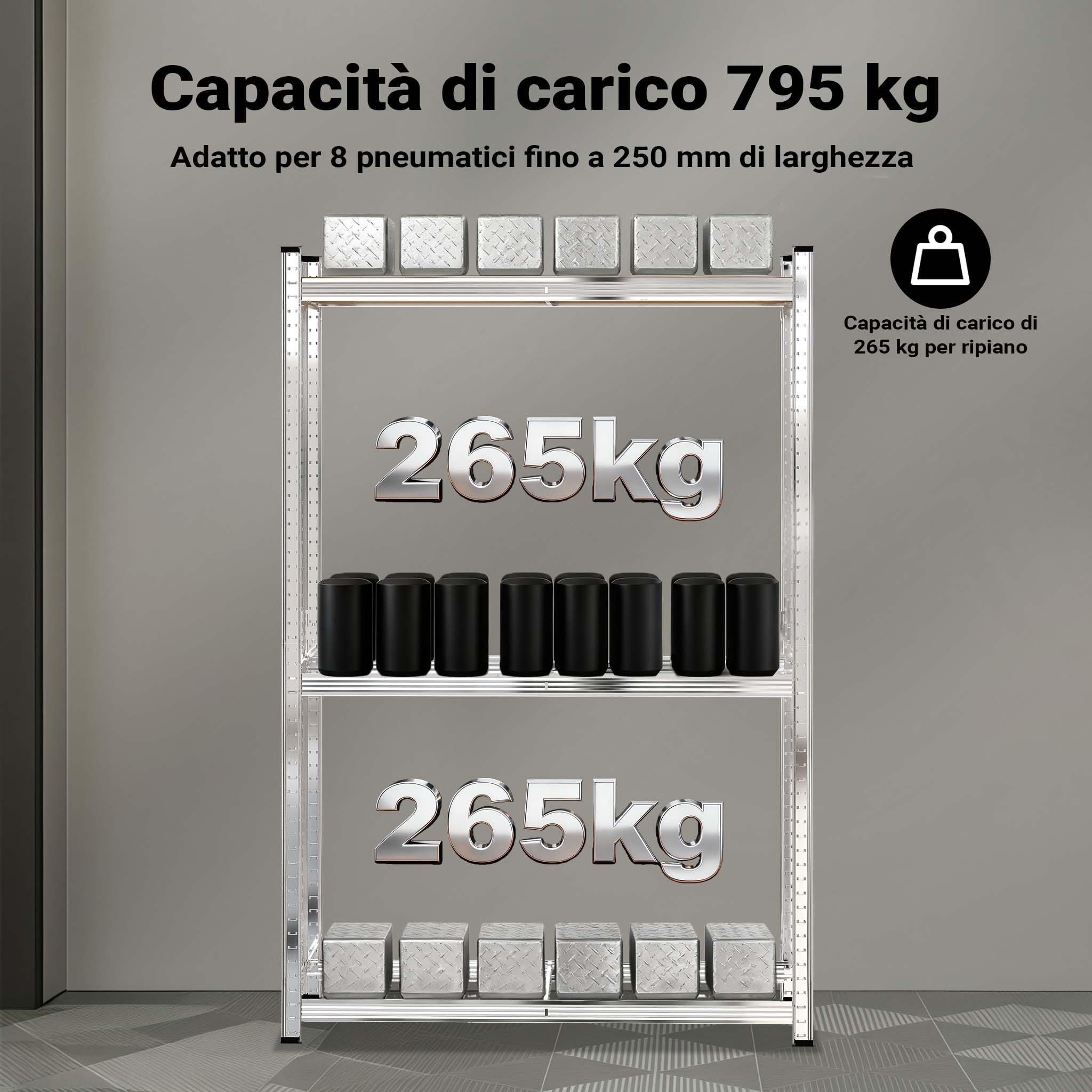 Wiltec Scaffale portagomme fino a 795 kg 180x120x40cm per 8 pneumatici Per officina gommista