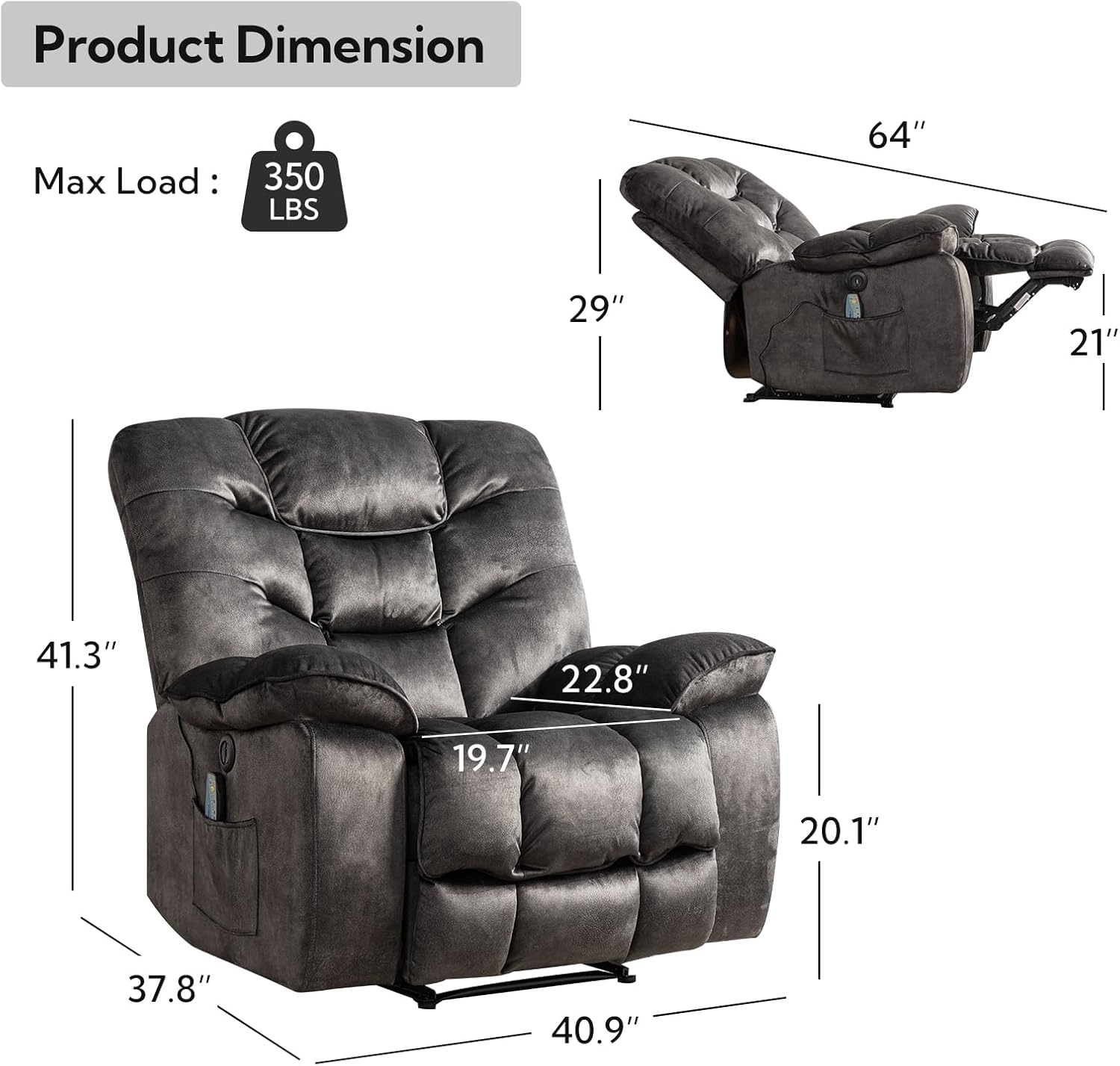 Oversized Power Recliner Chair with Massage and Heat, 41" Wide Electric Reclining Chairs with USB Port, Breathable Fabric Overstuffed Reclining Sofa for Living Room Bedroom