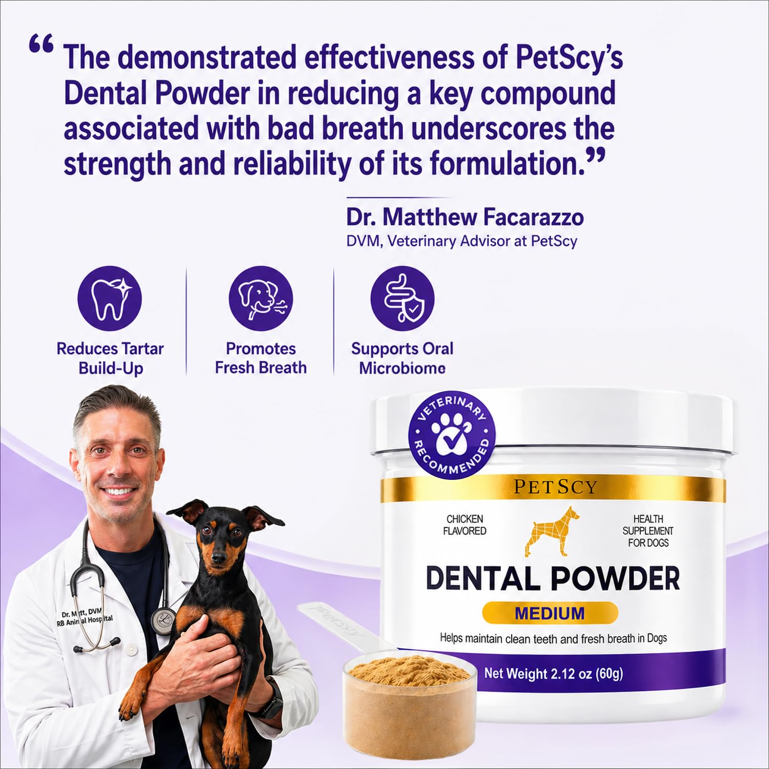 Petscy Polvo dental para perros, limpieza de dientes y ambientador de aliento, cuidado dental para perros, cuidado bucal, soporte para placa y sarro, sabor a pollo, 2.1 onzas (mediano)