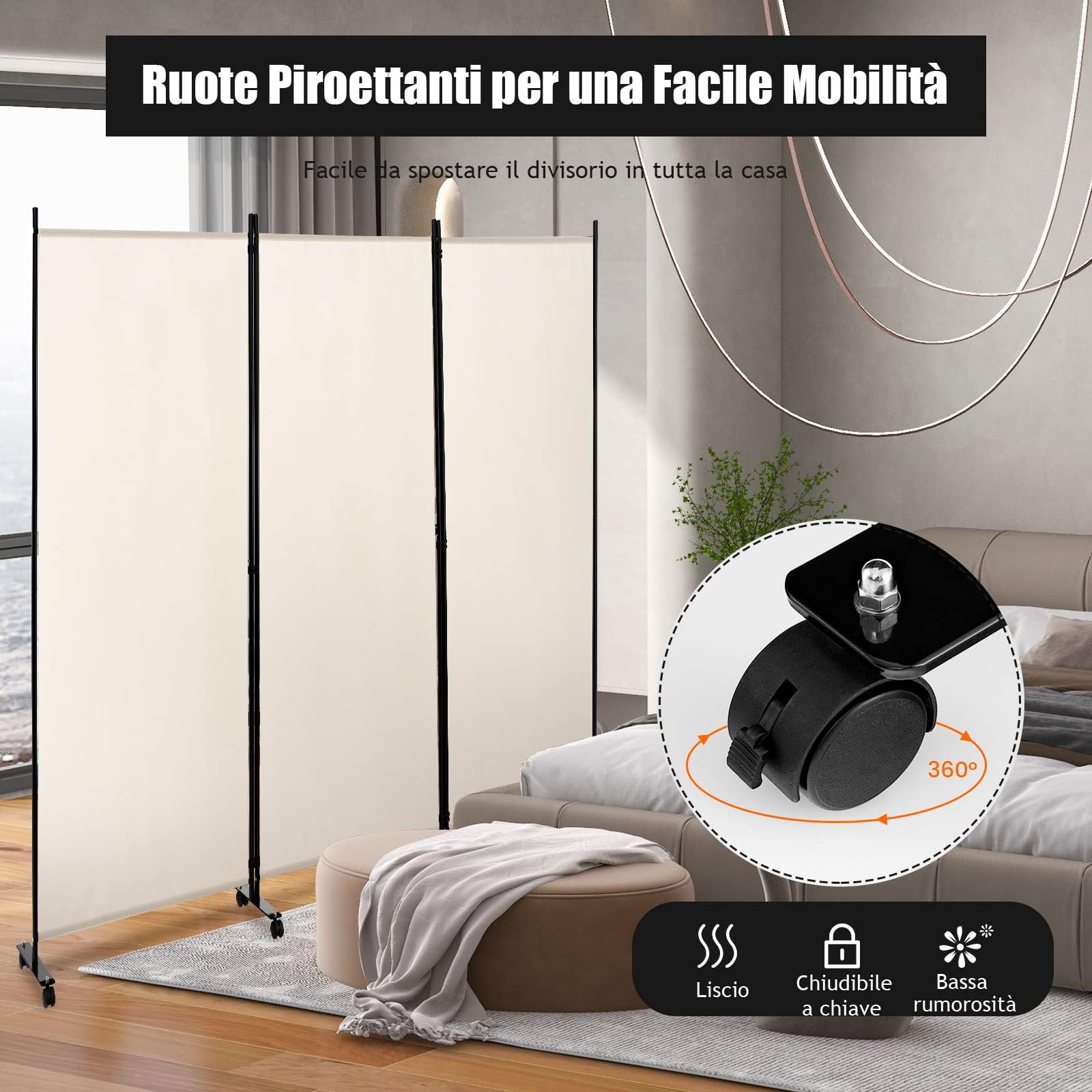 GYMAX Paravento con Ruote, da Interno Esterno, in Metallo, Piedini Stabili, Separé Divisorio, per Soggiorno, Camera da Letto, Ufficio (3 Pannelli, Beige)