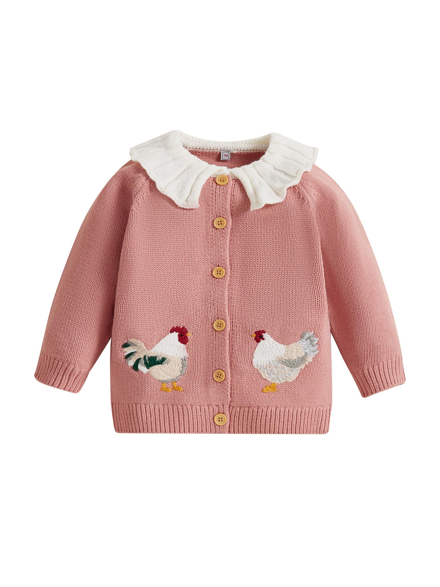 GXNRHG Cardigan Lavorato a Maglia per Bambina, Ricamo Gallo, Colletto per Bambola, Manica Lunga, Giacca abbottonata in Maglia, Caldo Maglione Autunno Inverno
