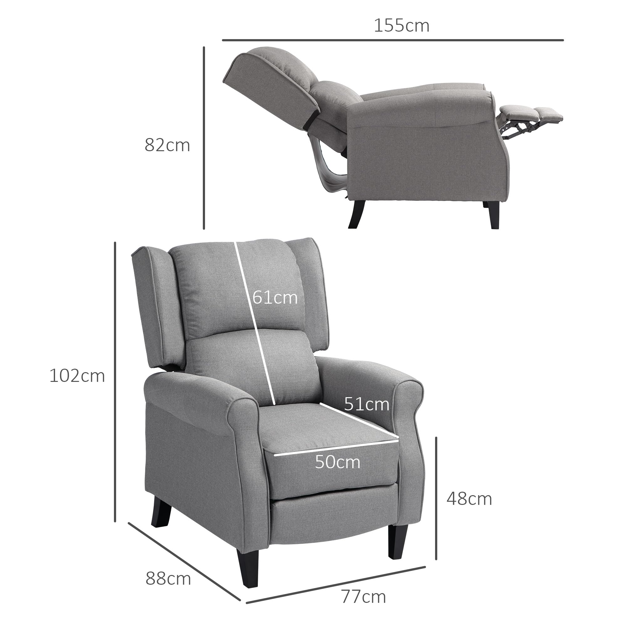 HOMCOM Sillón Relax Reclinable Manual Sillón Relax Tapizado en Lino Sintético con Reposapiés Retráctil Carga 150 kg Sillón Reclinable para Dormitorio Oficina Gris