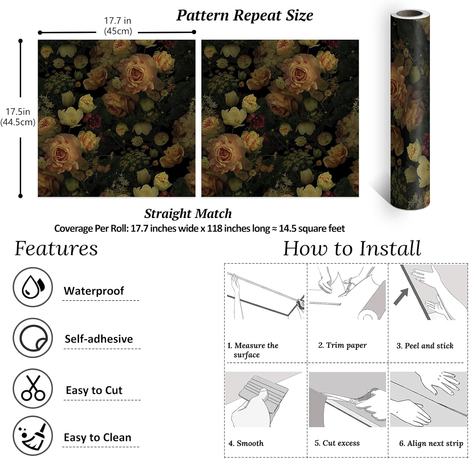 VEELIKE Dark Moody Floral Wallpaper Vintage Roses Flower Peel and Stick Wallpaper for Bathroom Bedroom 17.7''x354'' Self Adhesive Floral Contact Paper for Cabinets Walls Shelves Removable Wall Paper