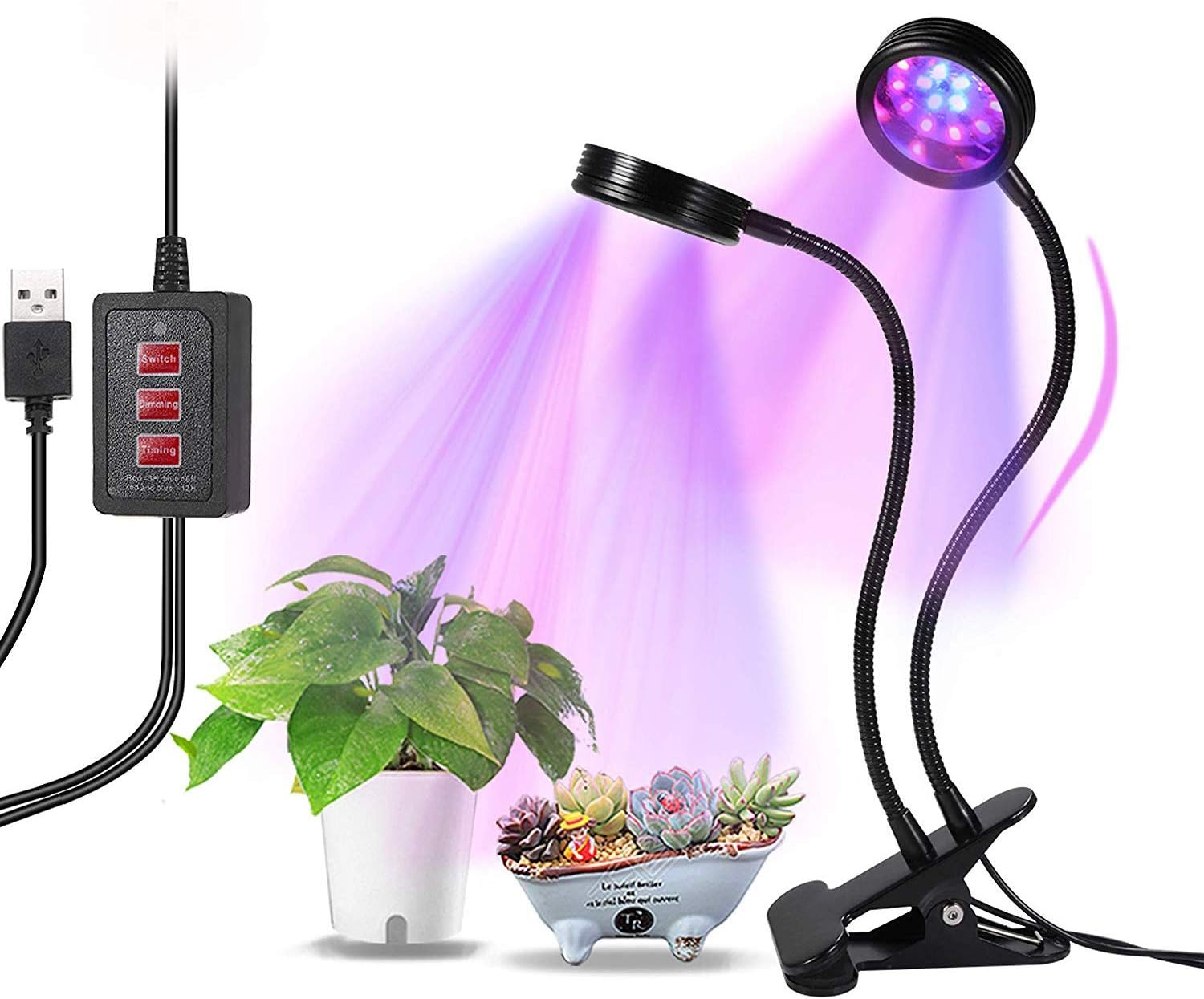 Grow Light [2018 Newest Version] Grow Lights for Indoor Plants, 16W 32 LED Dual Head Timing Plant Lamp with 3 Switch Modes, 5 Dimmable Levels, 3/6/12H Timer, Red/Blue Spectrum, Adjustable Gooseneck