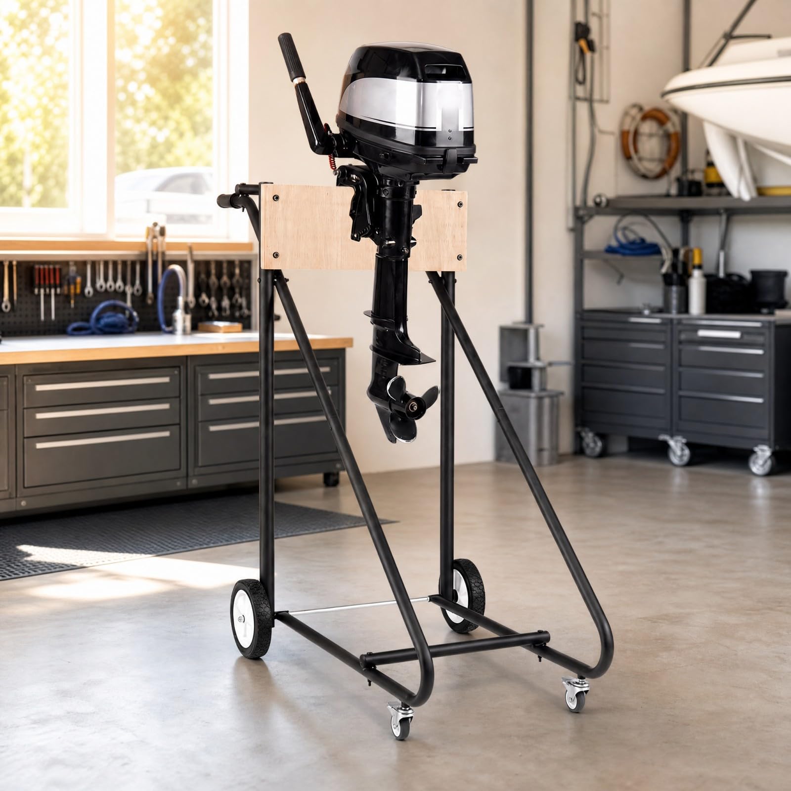SOARS Supporto per Motore Fuoribordo con 4 Ruote, Portata 150 KG | Carrello di Trasporto per Motore con Struttura in Metallo, Pannello in Legno e 2 Maniglie Ergonomiche, 115 X 57 X 104,5 CM