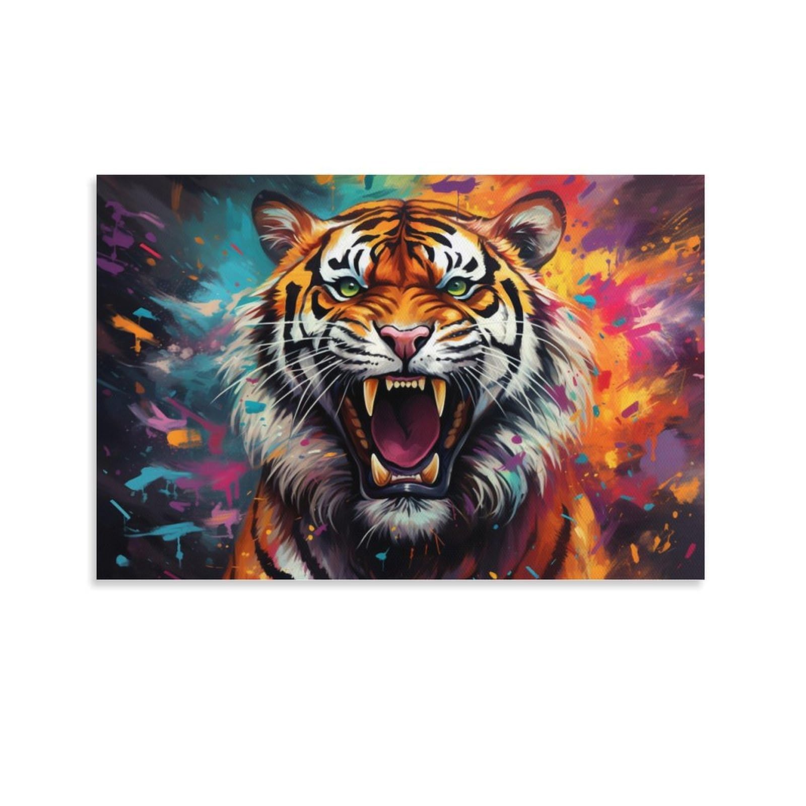 CPLVKWRQJ Bright Magical Colorful Individual Fierce Colorful Tiger Head Canvas Wall Hanging - Office Wall Focal Art Fade Resistant Statement Piece Decor 08x12inch(20x30cm)