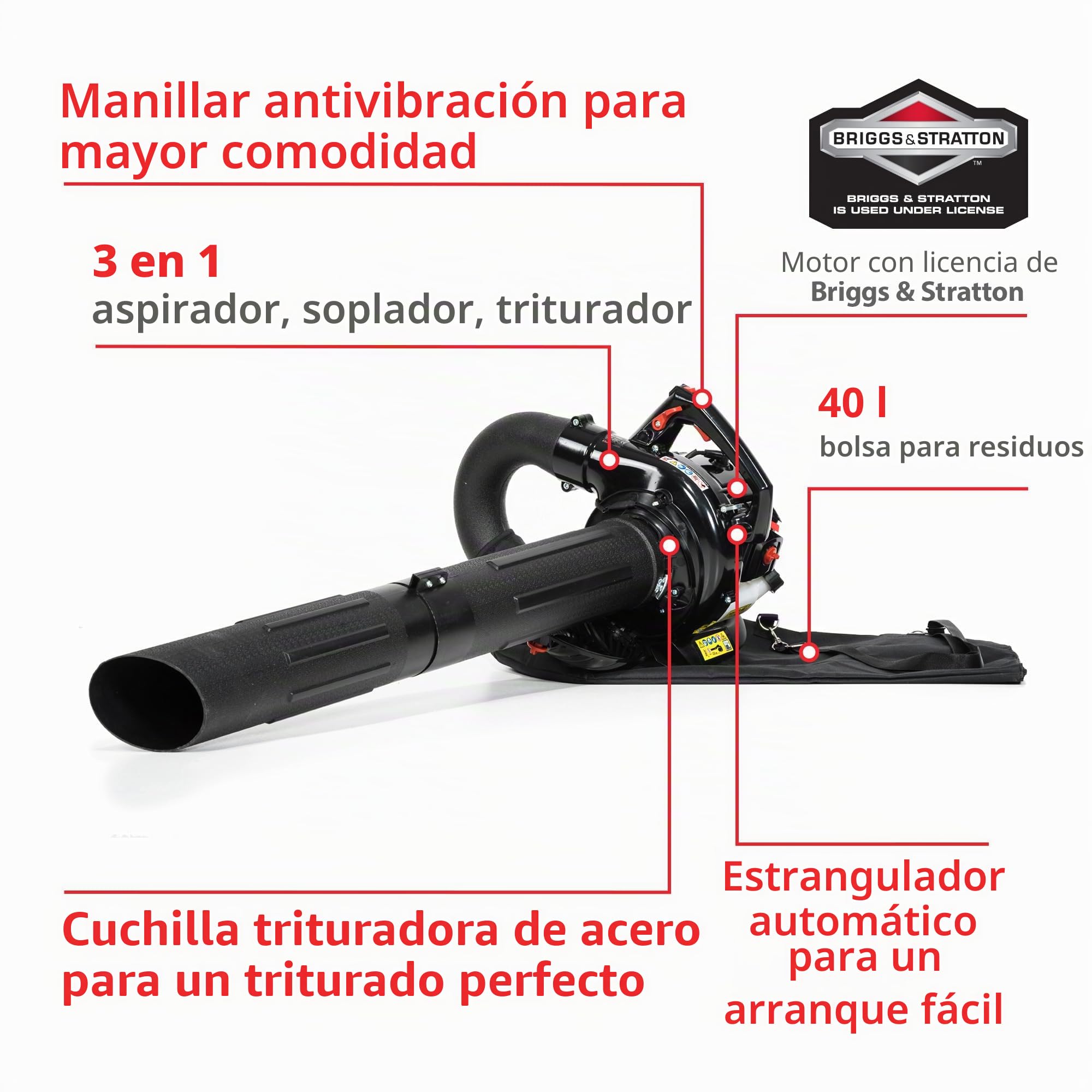 NAX POWER PRODUCTS 950V soplador de hojas motor 25,4 cm3 0,75 kW Briggs & Stratton producto con licencia, de gasolina, bolsa de recogida de 40 l, aspirador de jardín con la función de soplado