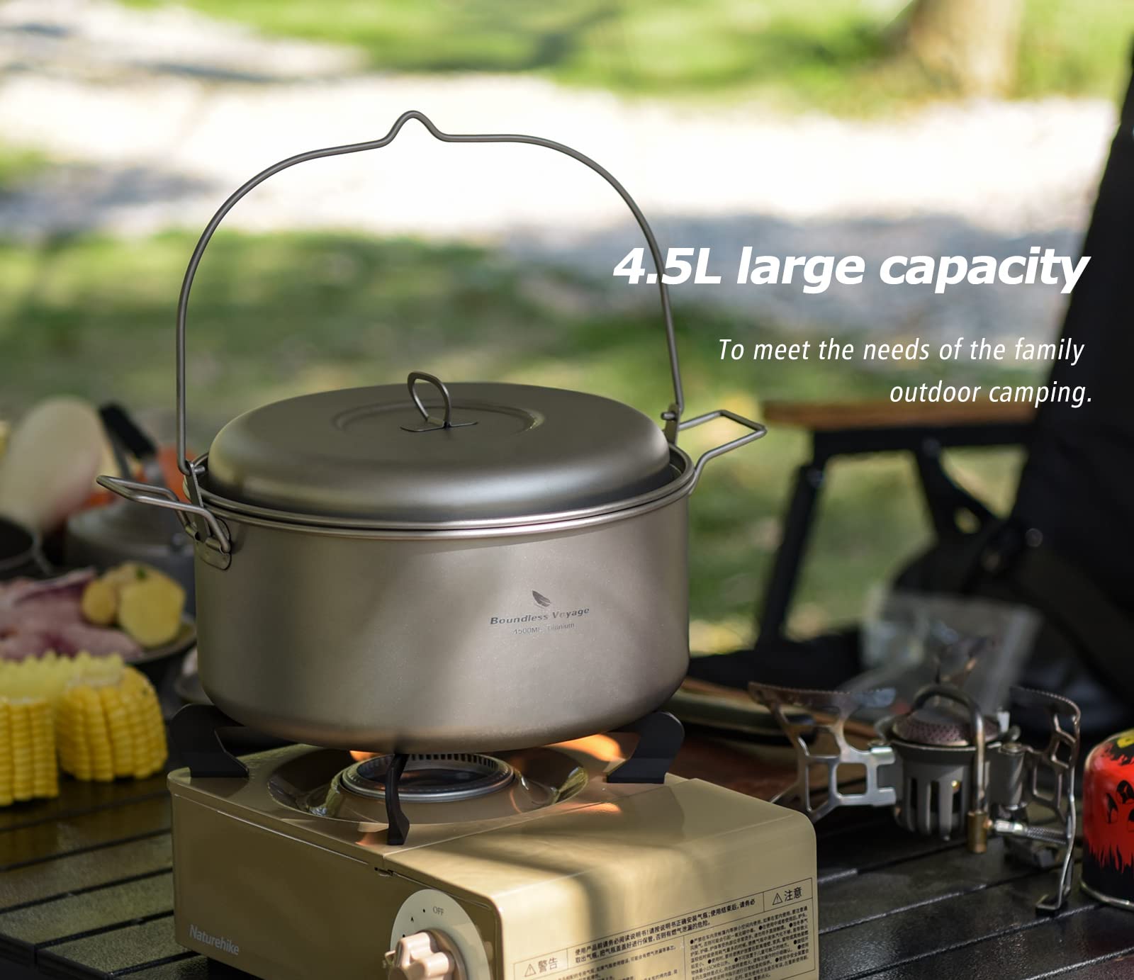 iBasingo Titan SuppeTopf 4.5L Outdoor Kochgeschirr für Camping, Picknick, Wandern und Reise Küchengeschirr Kochkit Ti2112C