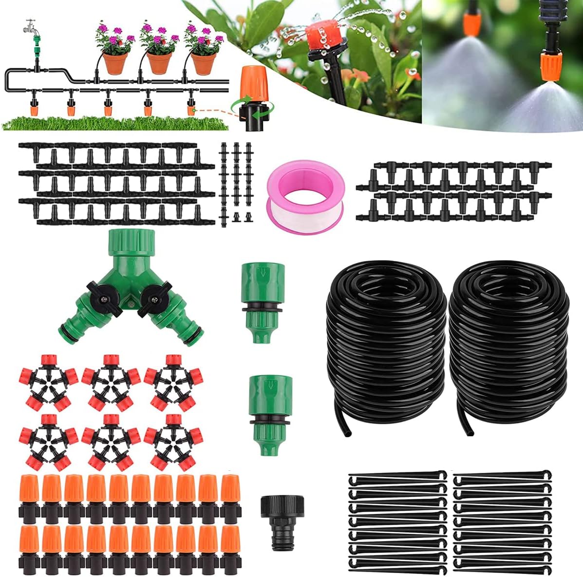 Goodern 30M Drip Irrigation Kit,Garden Irrigation System 1/4" Blank Distribution Tubing Watering Drip Kit Automatic Watering System Micro DIY Irrigation Tubing Kits for Garden Greenhouse Patio Lawn