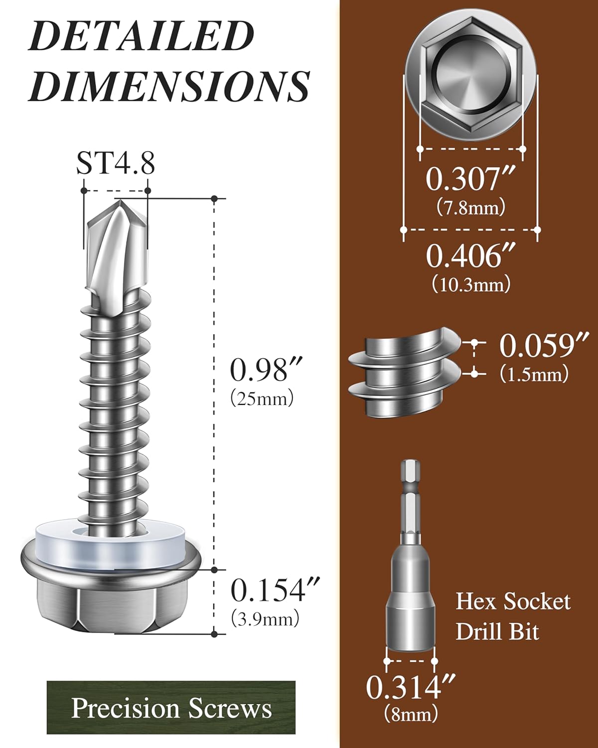100PCS #10 x 1 Self Drilling Screws, Self Tapping Screws for Metal, 410 Stainless Steel Hex Washer Head Sheet Metal Screw, Bright Finish with 8mm Hex Socket