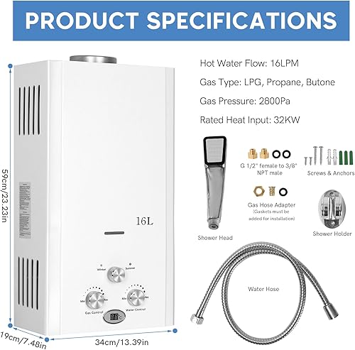 Miniatura 9 de Xverycan Calentador de agua sin tanque de 4.23GPM 16L de gas propano, calentador de agua caliente de 32 KW LPG RV con protección contra
