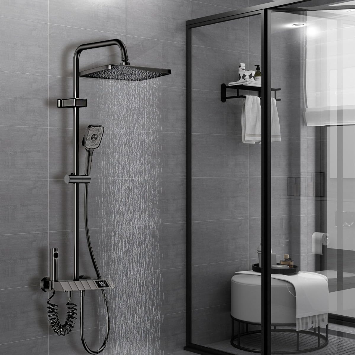 Colonne De Douche Avec Mitigeur, Design Piano Key, Pomme De Douche 30x20cm, Affichage Digital Led, Hauteur Ajustable, Multifonctionnel Pour Le Confort De La Salle De Bain.