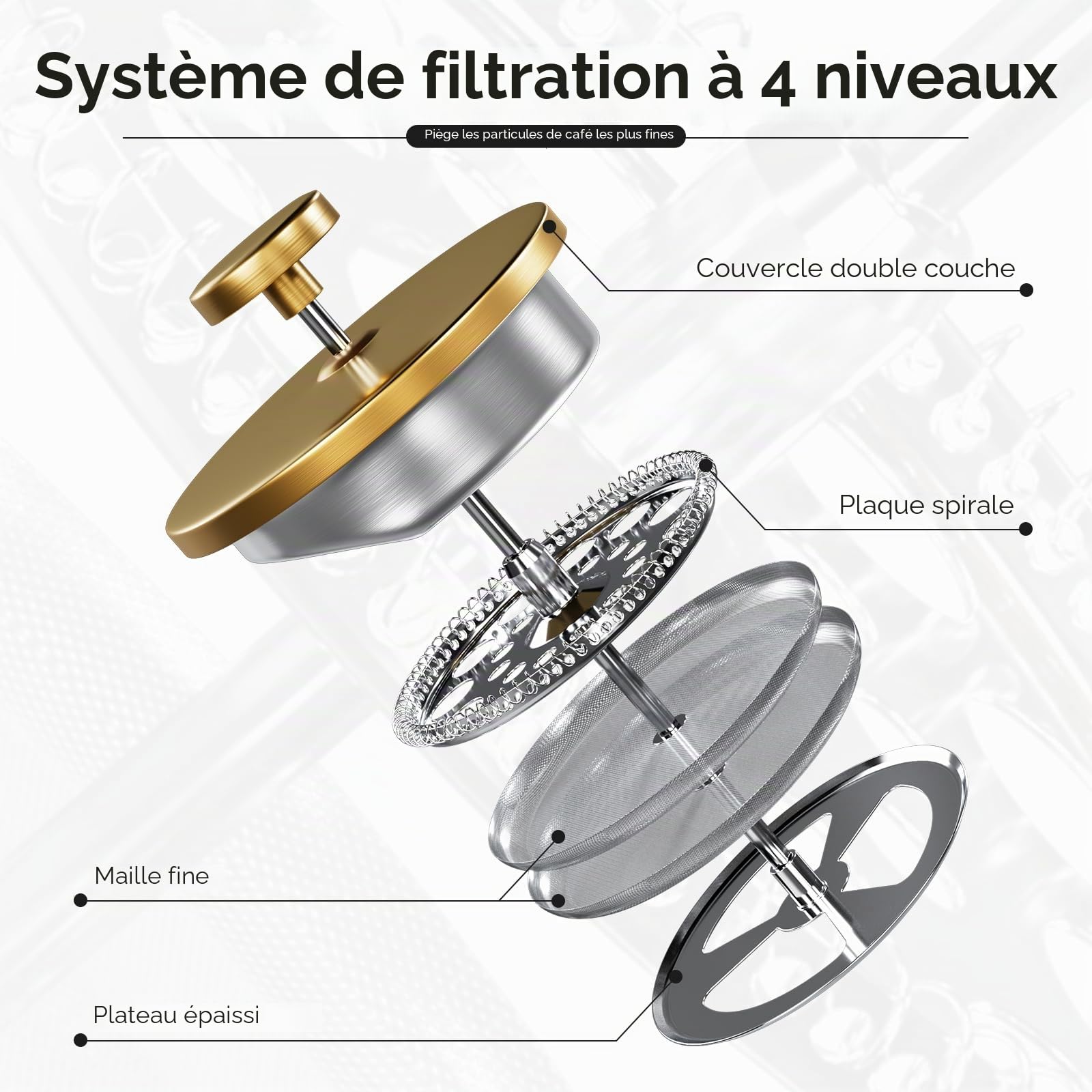 Cafetière à Piston, French Press 1L avec Système de Filtration 4 Couches, Cafetière Française Isolée Double Paroi en Acier Inox pour Maison, Voyage et Camping, Avec Boîte à Café, Noir