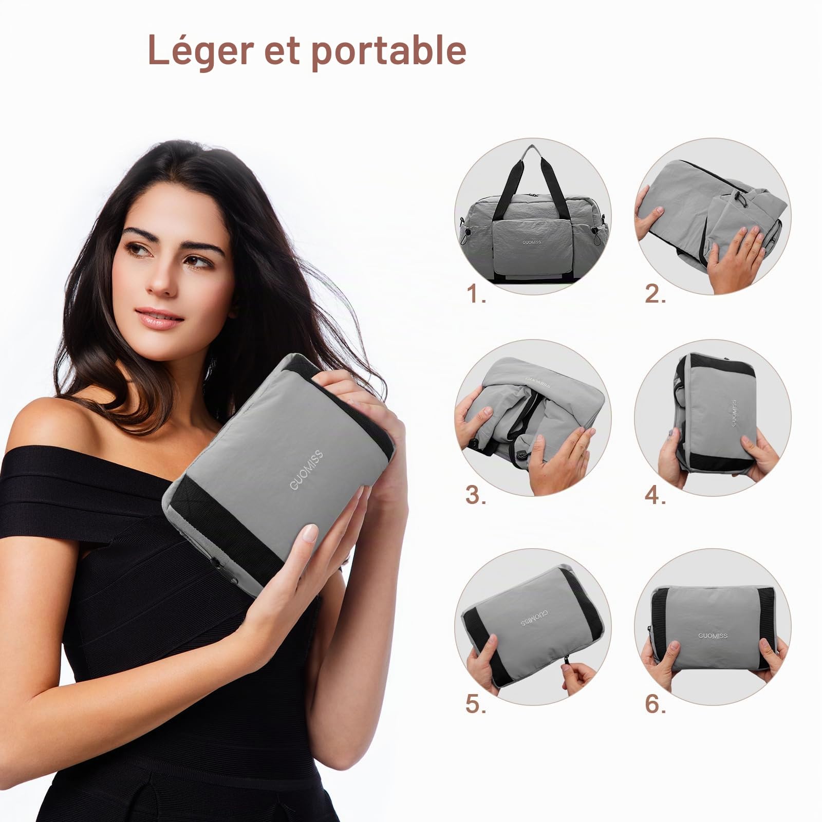 HUA ANGEL Sac de Voyage Pliable Extensible Ultra-Léger Sac de Sport & Weekend avec Poche Étanche - Grand Sac Cabine Avion pour Homme Femme Fitness Yoga Boxe Piscine Vacances(30-35L) Gris