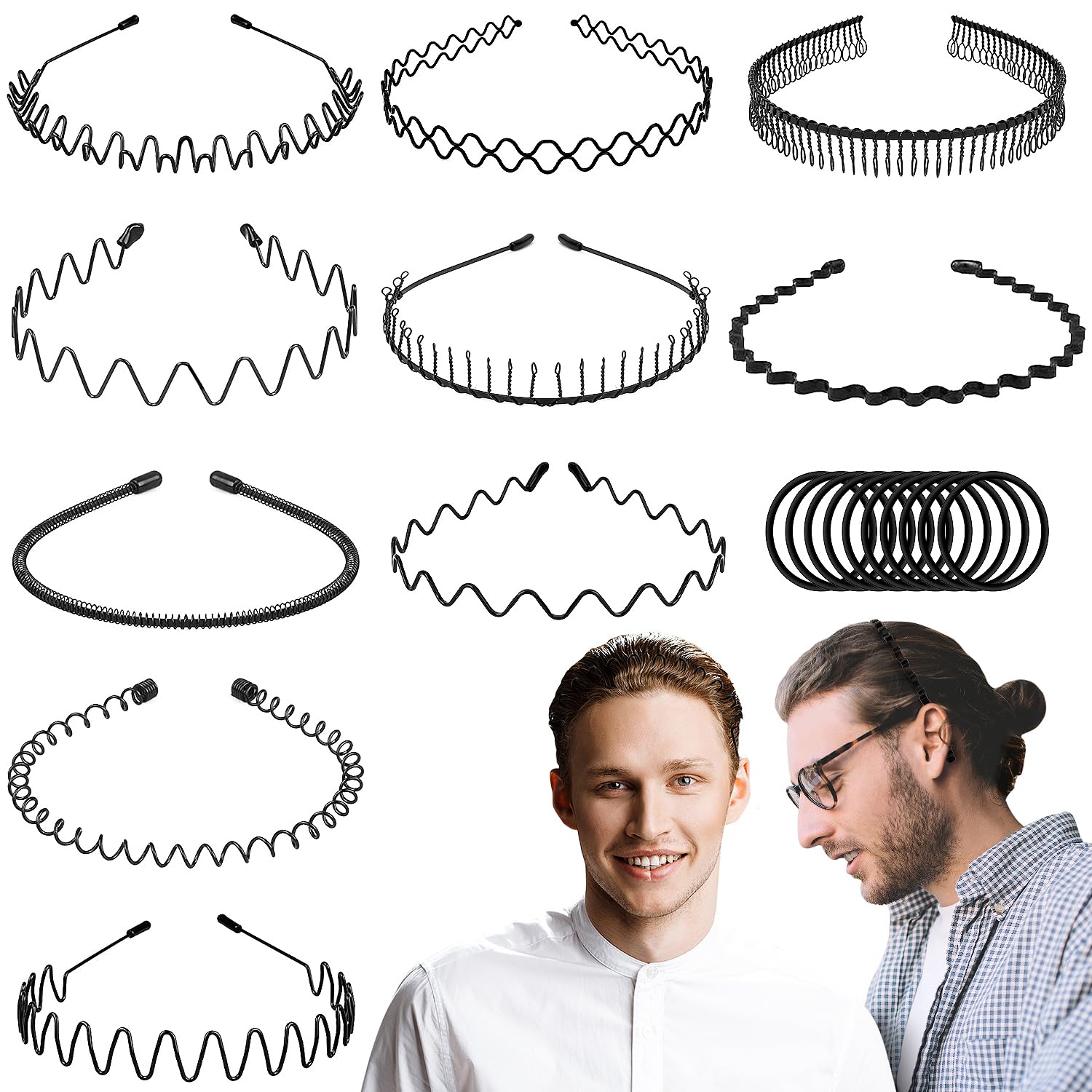 OWill 10PCS Hair Bands for Men Black Hair Bands Headband, Elastic Wavy Spring Wave Hairbands