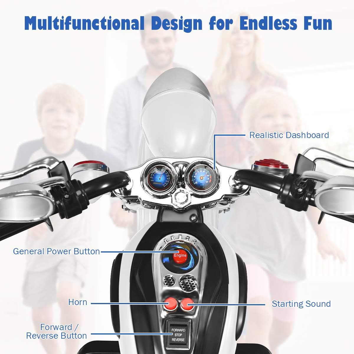 Kids Ride On Toy, 6V Battery-Powered Mini Electric Motorbike w/Music, Forward/Reverse Switch, Horn, Headlights & Foot Pedal, 3 Wheel Motorcycle Trike for Boys Girls Gift, Ages 3+ (White)