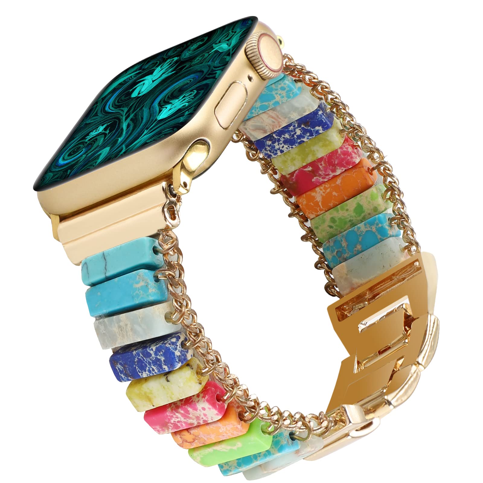 Chakra Bracelet Bands Compatible with Apple Watch Band 38/40/41mm 42/44/45/49mm,Women Natural Stone Handmade Healing Bead Ethnic Boho Strap Yoga